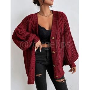 Oversized Burgundy Cable Knit Cardigan Long Sleeves Hip Length Buttoned